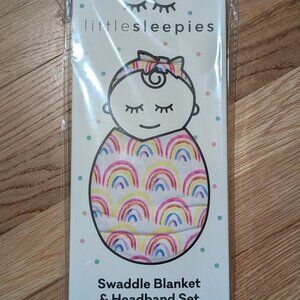 Little Sleepies Pastel Rainbow Swaddle & Bow Set NWT